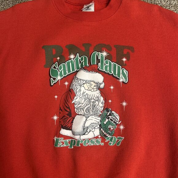VTG 90s Santa Express Christmas Sweatshirt Men L BNSF Train 1997 Red Crewneck - Picture 2 of 7